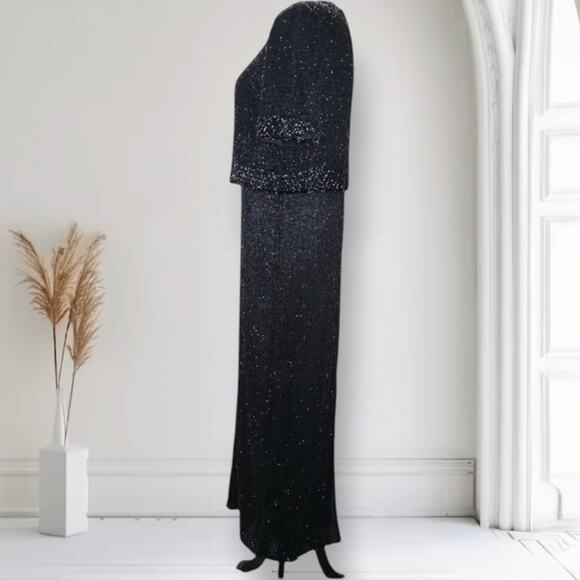 Vintage Beaded Silk Evening Gown Set Black Dress Jacket Size L Formal Gala - Picture 3 of 11